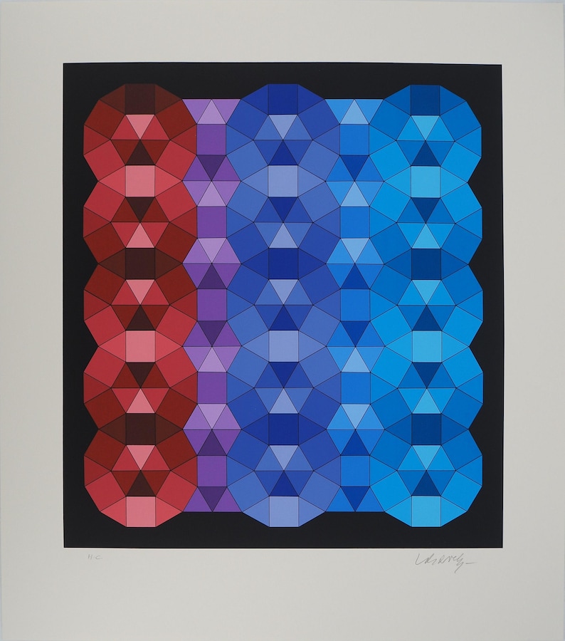 Victor VASARELY : Composition cinétique en rouge, noir et violet (YKA, Sérigraphie originale (vue générale) - Crédit photo : Galerie Art.Paris