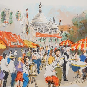 Urbain HUCHET: Montmartre, Place du Tertre e Sacré Coeur, LITOGRAFIA originale firmata