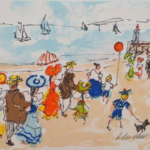 Urbain HUCHET: La spiaggia di Deauville, litografia ORIGINALE firmata, 1985