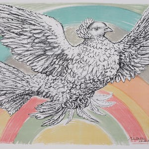 May include: A black and white ink drawing of a bird with spread wings, featuring detailed feather textures and a crest on its head. The bird is positioned over a background of soft, muted rainbow-coloured arches. The text 10.10.52 is visible.
