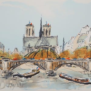 Urbain HUCHET: La Senna e Notre Dame de Paris, LITOGRAFIA originale firmata