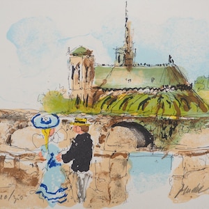 Urbain HUCHET : Parigi, Amanti vicino a Notre Dame, Litografia ORIGINALE firmata