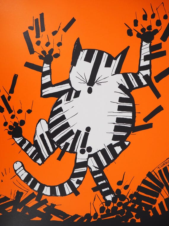 Originale Siebdruckgrafik Tomi Ungerer – Jazz-Katze Montreux 1993