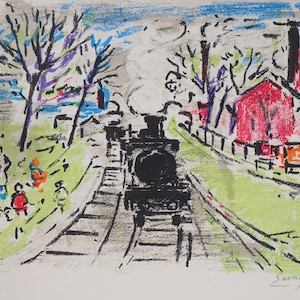 Robert SAVARY - Paris Suburban Train - Signed Original Lithograph - 1969 Urban Scene