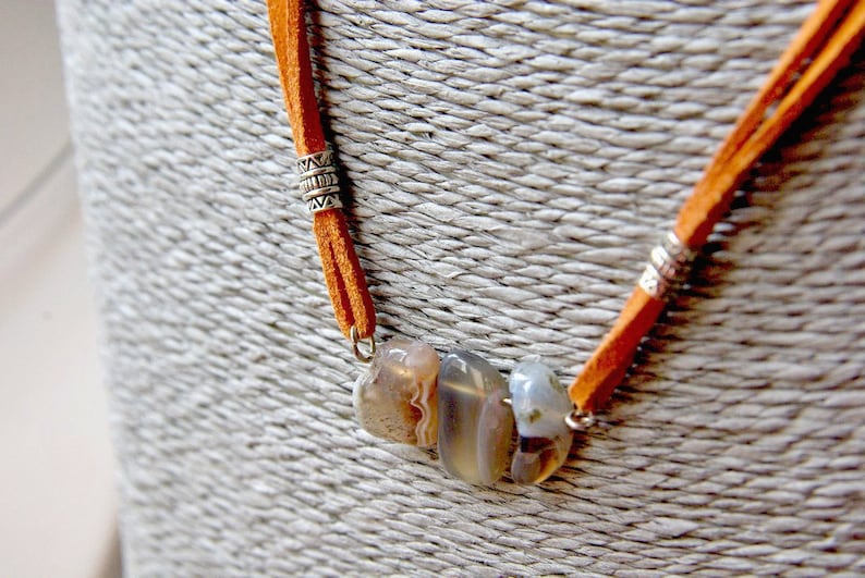 Gemini Zodiac Self Confidence June Birthstone \u221e Boho Beads Jewelry Gift for her Luck Indian Agate Bar Necklace Suede \u221e Protection