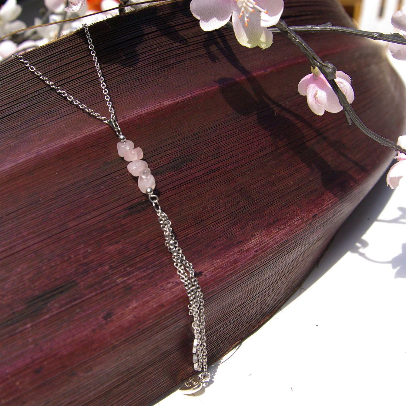Collier Sautoir Avec Quartz Rose Et Pompon De Soie - Chaîne Acier Et Argent 925 - Bijou Neuf