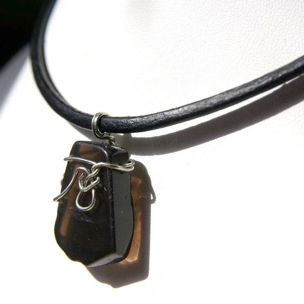 Wire Wrapped smoky quartz men's leather necklace for stress relief in cord 3mm, grounding intention wellness jewelry, energy healing gift