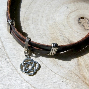 Personalized tiny Celtic Knot brown Leather Choker 12&quot;, Eternity Good Luck Pendant Celtic Necklace, Norse Pagan Handmade jewelry Gifts