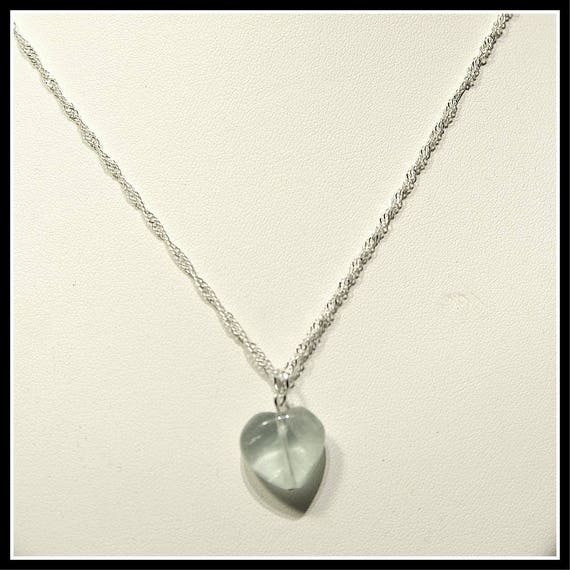 Aventurine Heart with Necklace Sterling Silver 925 Chain, Dove Collection, Necklace Heart Chakra Against Energetic Vampires, Jewelry Heart