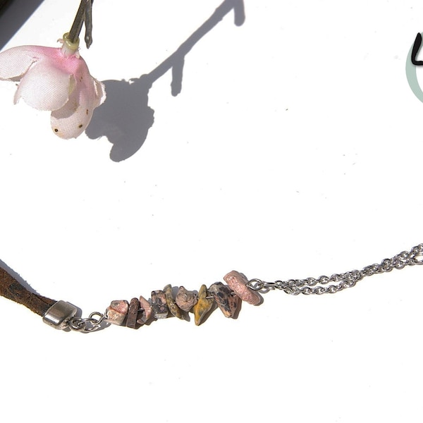 Sautoir pompon Jaspe Leopard acier Inoxydable, Long collier pierre naturelle, bijoux énergetique minimaliste d'anti stress en cadeau femme