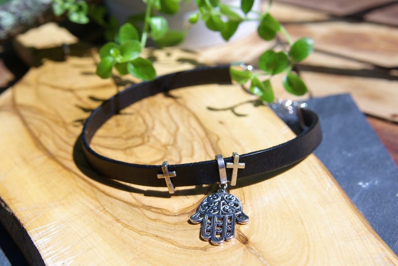Silver Alloy Hamsa Khamsa Hand Eye Pendant Braided Brown Leather Choker Necklace Silver Alloy Hamsa Khamsa Hand Eye Pendant Braided Brown Leather Choker Necklace