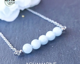 Aquamarine Grade A crystal necklace in sterling silver, dainty healing beads bar necklace, gemstone jewelry wedding gift for writers