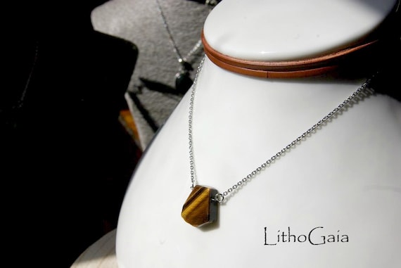 Tiger Eye Necklace, Leather Choker and Stainless Steel Chain, Protection Stone, Crystal Necklaces, Healing Stone, Jewelry Gift for Her