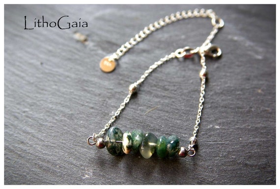 Moss Agate Bar Bracelet or Anklet on Silver 925 ∞ harmony, confident, stress relief, intuition, focus, Heart Chakra ∞ Dainty Jewelry Gift