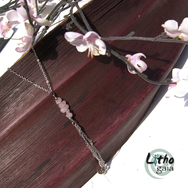 Sautoir pompon Quartz Rose en acier inoxydable, Cadeau personnalisé Long collier minimaliste femme, bijoux fertilité en pierres naturelles