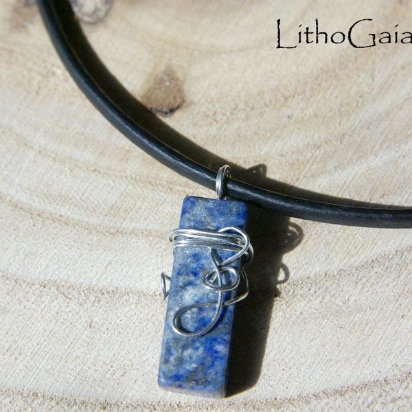 Wire Wrapped Lapis lazuli men's leather necklace for stress relief in cord 3mm, spiritual growth intention jewelry, energy healing gift