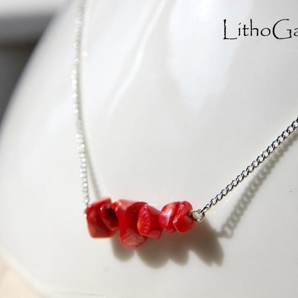 Dainty red coral bar necklace silver for pregnancy, wellness fertility stone gift, intention abundance coral beads crystals healing jewelry