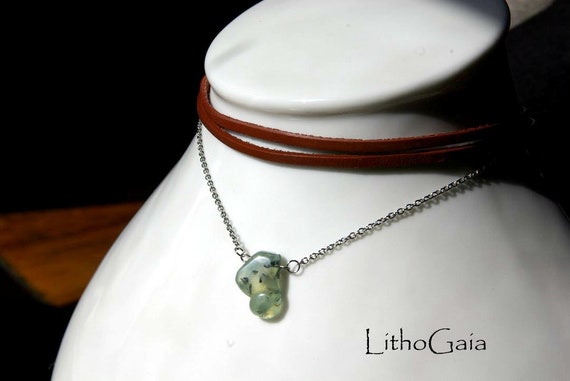 Prehnite Women Leather Choker Gemstone Jewelry ∞ Unconditional Love Healing Crystal, Gemini Birthstone, Heart chakra ∞ Necklace Gift for Her