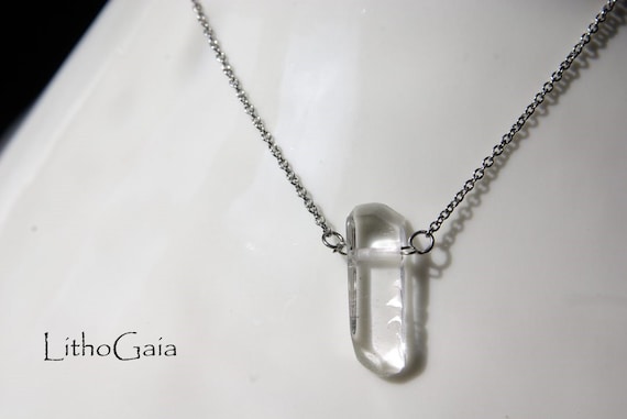 Crystal Point Necklace, Leather Choker & Stainless Steel Chain, Crystal Jewelry, Gift for Her, Raw Crystal Point Gemstone, Bar Necklace,