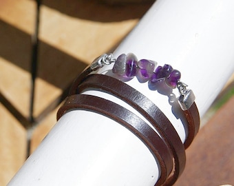 Amethyst bracelet 3 turns, boho leather bracelet gemstone handmade jewelry, crystals gift for men made in france