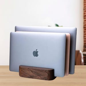 Triple Upright Laptop Stand, Solid Wood Multi-Device Desk Holder, Vertical Docking Station
