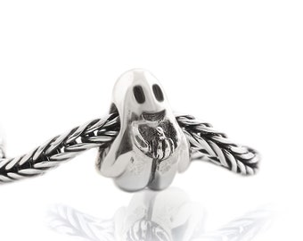 GHOST CARING a PUMPKIN- Sterling Silver Charm by Chronicles, Unique Hand Made Jewelry, Fits Bracelet and Bangles, Gift for Her, Halloween