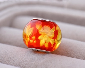 Floral Amber Charm by Chronicles, Unique natural red shade amber charm with organic inclusions, Unique gift for her | Christmas Color Stone