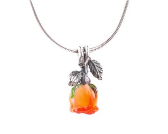 Lampwork Rose Charm by Chronicles Family Sterling Silver Rose Pendant Bead, Handmade Flower Charm for Bracelet Necklace, Bridal Jewelry