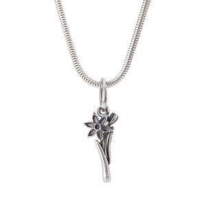 Op de afbeelding: Een zilveren ketting met een delicate hanger met een gestileerde zilveren narcis.