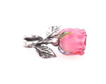 Lampwork Rose Charm by Chronicles Family Sterling Silver Rose Pendant Bead, Handmade Flower Charm for Bracelet Necklace, Bridal Jewelry