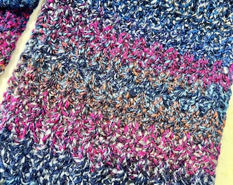 Dark Blue, Hot Pink and Beige tone chunky handmade crochet scarf