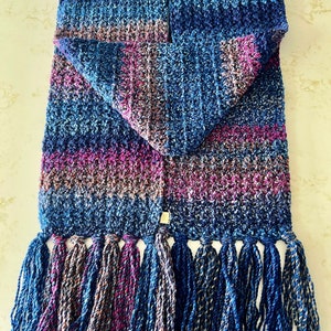 Dark Blue, Hot Pink and Beige tone chunky handmade crochet scarf image 2