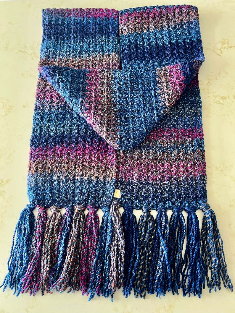 Dark Blue, Hot Pink and Beige tone chunky handmade crochet scarf image 2