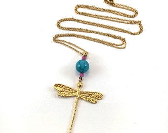 Dragonfly Necklace, Chain Necklace, Dragonfly Jewelry, Long Golden Dragonfly Necklace,  Women Necklace, Blue Natural Stone Necklace.