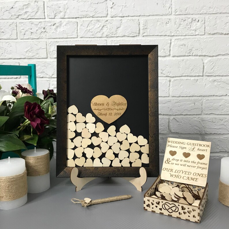 Wedding Guest Book Alternative Vintage Frame Drop Box Wishes Hearts Guestbook Gold