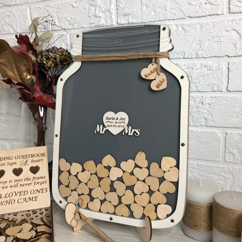 Mason Jar Guest book with wooden hearts wood wishes Wedding Etsy
