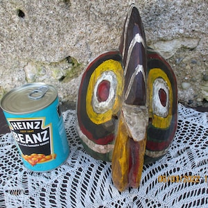Antique Mexican Hidalgo Chicken/Rooster/Cock Mask.  Painted Wood.  With Tag.  Transcription of Tag etc in Description.