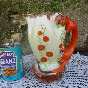 Unusual Rare Art Deco Dragon/Devil Handled Jug. Ceramic, Hand Painted.  Unknown Maker 1930s