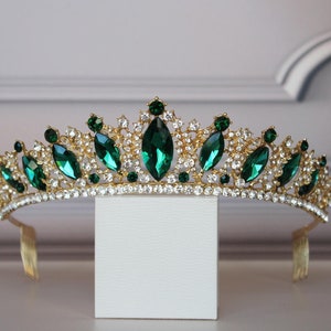 Tiara esmeralda con pendientes, Tiara verde, Tiara dorada, Corona real, Tiara de graduación, Tiara de novia, Corona de boda, Tiara para niña, Diadema verde