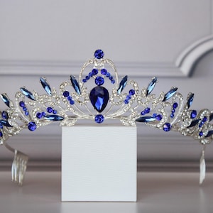 Saphir-Tiara, blaue Tiara mit Ohrringen, Tiara für Kind, königliche Krone, Kristall-Braut-Tiara, Hochzeitskrone, Strass-Tiara, Silberkrone