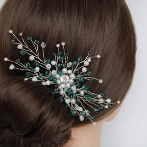 Vite per capelli verde, pettine per capelli boho, pettine per capelli argento, pettine per capelli verde, fascia per capelli da sposa, accessorio per capelli color smeraldo, vite per capelli da sposa, fermaglio per capelli con perle