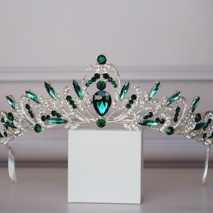 Diadème Emeraude, diadème argenté pour enfant, couronne royale, diadème de mariage en cristal, diadème de mariage vert, diadème en strass