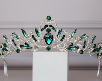 Emerald Tiara, Silver Tiara for child, Royal Crown, Wedding Crystal Tiara, Green Bridal Tiara, Crown emerald gems, Rhinestone Tiara