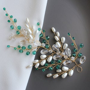 Boho green hair vine, Emerald hair vine, Pearl hair piece, Gold hair comb, Bridal hair vine, Emerald hairpiece, Wedding green headband