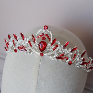 Red tiara with earrings, Silver tiara, Crown for child, Crystal bridal tiara, Crystal wedding crown, Rhinestone tiara, Red princess tiara
