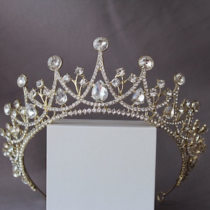 Gouden bruidstiara, Kristallen tiara, Gouden koninklijke kroon, Bruidstiara, Quinceanera kroon, Meisjes tiara, Bruids haarstuk
