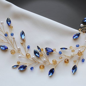 Sapphire hair vine, Blue hair piece, Gold hair comb, Bridal hair vine, Blue headband, Wedding hair clips, Blue tiara, Wedding hair piece