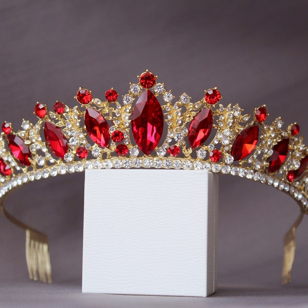 Red Tiara with Earrings, Gold Tiara, Royal Crown, Crystal Tiara, Bridal Tiara, Wedding Crown, Rhinestone Tiara, Prom Tiara, Diamante Crown