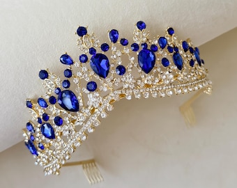 Blue gold crown, Sapphire tiara, Blue headpiece, Bridal tiara, Blue wedding, Quinceanera tiara, Blue headband, Sapphire crown, Bride tiara