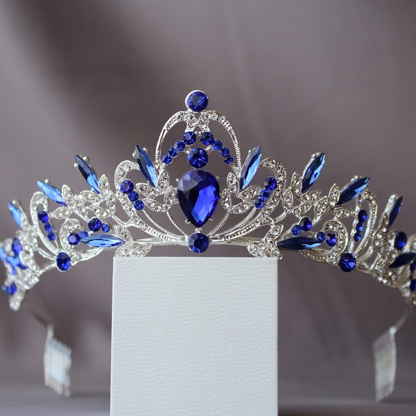 Diadema di zaffiro, diadema blu con orecchini, diadema per bambino, corona reale, diadema nuziale di cristallo, corona nuziale, diadema di strass, corona d'argento